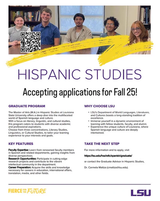 Five young people sitting at the table. Flyer with info about the M.A. in Hispanic Studies at LSU