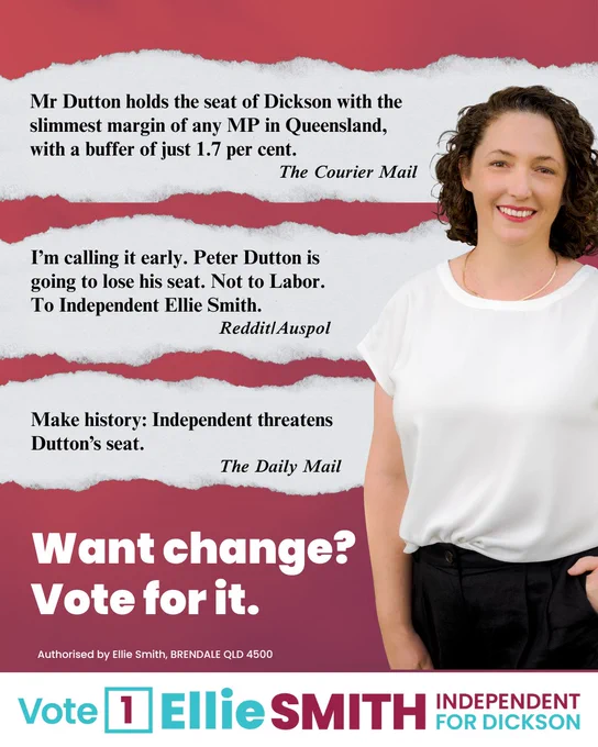 Image of Ellie Smith smiling, standing against a red and white background. Quotes from The Courier Mail, Reddit/Auspol, and The Daily Mail highlight Peter Dutton’s slim 1.7% margin in Dickson and suggest Ellie Smith could unseat him. Bold text reads: “Want change? Vote for it.” A campaign banner at the bottom says: “Vote 1 Ellie Smith, Independent for Dickson.”