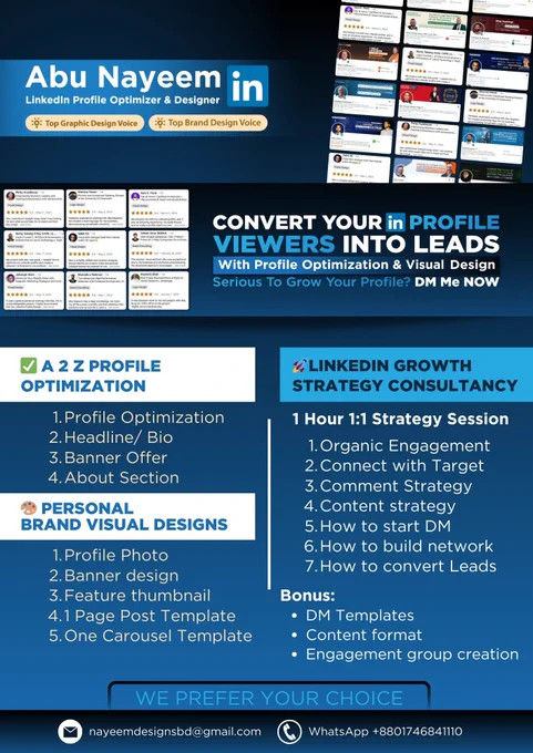Get clients on LinkedIn in just 3 steps. LinkedIn growth consultancy. 

LinkedIn profile optimization, banner design.
