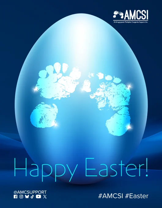 The AMCSI logo is in white at the top-right section. In the center is a giant chrome-styled blue egg with the AMCSI footprint on it. Across the bottom, it says, ‘Happy Easter’ in light yellow & under that, it has the membership website link https://amcsupport.org/become-a-member/ in white. At the bottom left are the Facebook, Instagram, BlueSky, TikTok, YouTube & X logos with @AMCSUPPORT & on the right, the hashtags #AMCSI & #Membership in white.