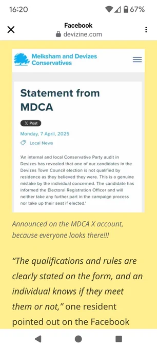 Melksham and Devizes Conservative statement says internal audit reveals candidate is not qualified by residence to stand in local electionsas they believe they were. They won't take part in local electioncampaign or take up post if elected.