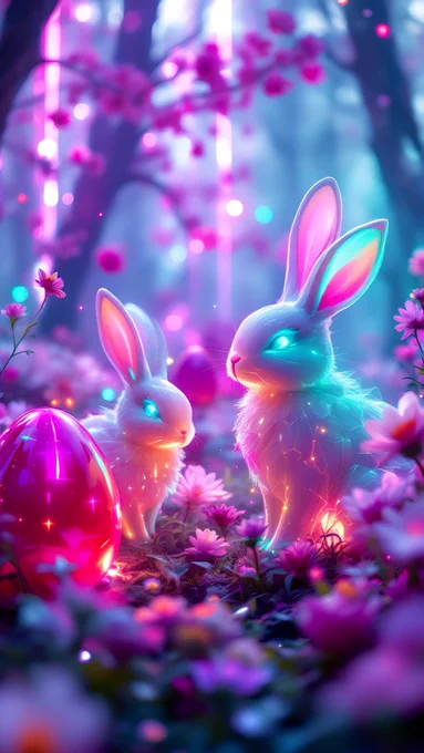 This fantastical image showcases two radiant rabbits in a mystical forest setting, surrounded by vibrant pink and purple flowers. The glowing neon egg near the rabbits adds a futuristic touch, while their luminous fur and curious expressions enhance the captivating cyberpunk atmosphere. Ethereal lighting and softly blurred trees in the background create depth and a dreamlike quality. Ideal for spring and Easter-themed content, this enchanting visual symbolizes renewal, blending the magic of nature with bold, modern aesthetics.