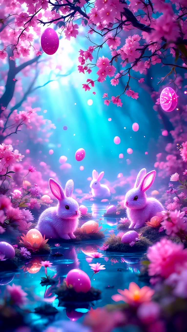 This magical scene features three luminous white rabbits surrounded by vibrant pink cherry blossoms and colorful Easter eggs. The reflective water surface beneath them enhances the ethereal atmosphere, while the sunlight filtering through the cherry blossom branches casts a soft, dreamlike glow. The combination of nature and festive elements creates a serene yet enchanting vibe, perfect for spring and Easter-themed content. This visually captivating image symbolizes renewal, tranquility, and the joy of celebration.