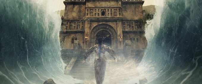 Frame grab from The Wheel of Time Season 3, Episode 8. Nynaeve is channeling and water is rising up all around her as she climbs up steps.