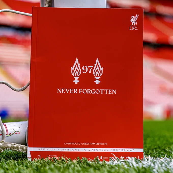 Liverpool's matchday programme featuring the eternal flame to remember the 97 victims of the Hillsborough Stadium Disaster ahead of the 36th Anniversary during the FA Premier League match between Liverpool FC and West Ham United FC at Anfield.