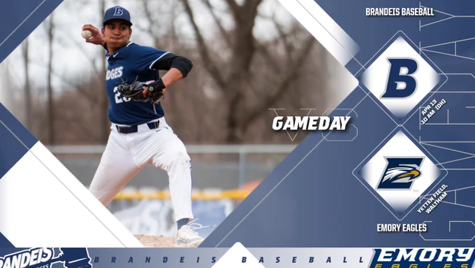 TEXT: GAMEDAY! Brandeis Baseball vs. Emory Eagles, April 13, 10 AM (DH), Yetten Field, Waltham
IMAGE: Rohan Shah throwing a pitch during a baseball game