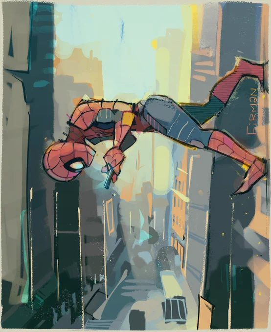 Spider-man is mid-stride walking down the side of a Manhattan skyscraper as if it were a sidewalk, his masked face engrossed in his phone.  Very rough brushstrokes hopefully create the impression of an NYC street below him, the sunlit palette using contrasting cools and warms.