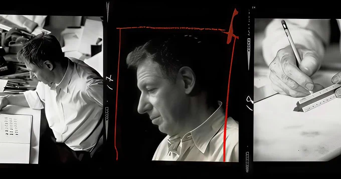Triptych of Herbert Matter working in his studio — left panel shows him designing, center shows a portrait with red editorial markings, right shows a close-up of his hand sketching with a pencil and ruler.