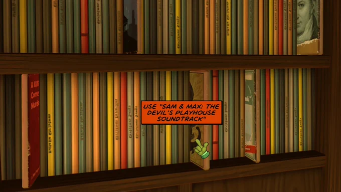 A screenshot from Sam & Max: The Devil's Playhouse showing two rows of record albums with one slightly pulled out, overlaid with the game cursor and the text "Use 'Sam & Max: The Devil's Playhouse' Soundtrack"
