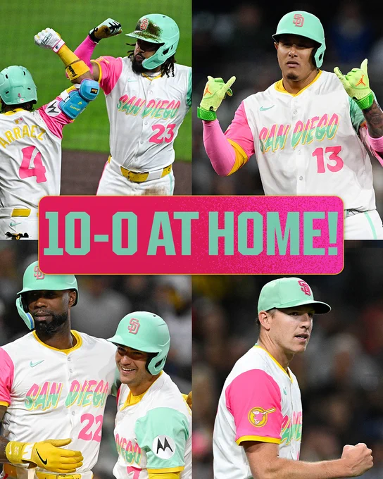 10-0 at home!
San Diego Padres
Top left, Fernando Tatis Jr. and Luis Arraez celebrate after a home run by Tatis Jr.. Top right, Manny Machado holds his hands up standing on second base. Bottom left, Jason Heyward and Jose Iglesias celebrate after both crossing the plate. Bottom right, Nick Pivetta pumps his fist. All the players are wearing the San Diego Padres City Connect uniforms.