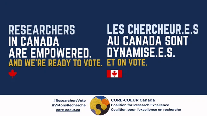 A rectangular image with navy blue background and bilingual text in all caps coloured pale blue, white, yellow, which reads: Made-in-Canada #research readies us for the future. We’re voting for your future.

A white footer includes the logo for CORE-COEUR Coalition for Research Excellence, Coalition pour l'excellence en recherche, a multicoloured mosaic with a partial orange heart and a partial blue heart.

Une image rectangulaire avec un fond bleu marine et un texte en majuscules coloré en bleu pâle, blanc, jaune, qui se lit comme suit: 
La #recherche canadienne prépare l’avenir.  

On vote pour votre avenir.

Un pied de page blanc comprend le logo de CORE-COEUR Coalition for Research Excellence, Coalition pour l'excellence en recherche, une mosaïque multicolore avec un cœur partiellement orange et un cœur partiellement bleu.
