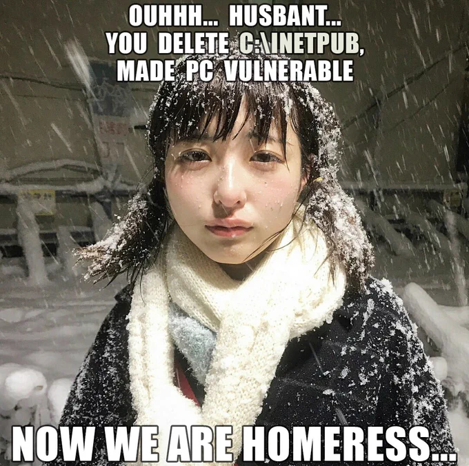 "Ouhhh Husbant" meme:
 
Ouhhh... Husbant...
You delete C:\inetpub, made PC vulnerable
@
Now we are homress...
 
 
Context:
In April 2025 Microsoft pushed updates that created empty "C:\inetpub" folder.
That piece of infinite wisdom was Microsoft's answer to CVE-2025-21204? Apparently, the best way to address a security issue is to litter everyone's root directory instead of, you know, actually fixing the underlying problem.

Predictably, users saw the random junk folder and deleted it - making system vulnerable to LPE again 😸.


But ofc you're free to get rid of "inetpub" and other trash in your root dir, coz there's much better solution for this and many other vulns: just prevent regular users from creating folders in the root folder!
👉 Run as admin to make your system much safer:
icacls %SystemDrive%\ /remove *S-1-5-11 /grant *S-1-5-11:(OI)(CI)(IO)(M)

(Note *S-1-5-11 is "Authenticated Users" sid: we just remove it and re-add it w/o "Add Directory" right for the root dir itself).