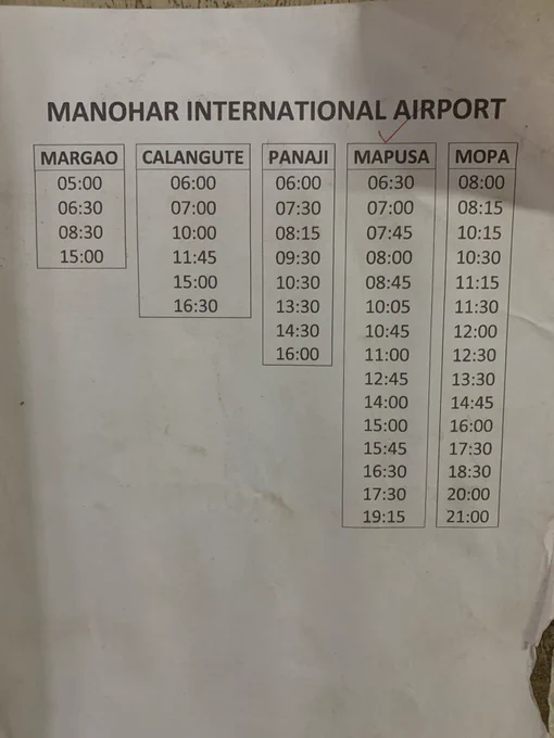 Timetable for the Mopa airport shuttle from various pickup points
