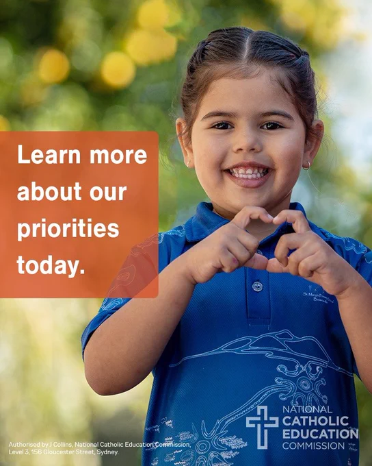 a child wearing a blue shirt and making a heart sign next to the text Learn more about our priorities today.