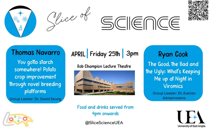 Promotional poster for a science event titled “Slice of Science.” The event takes place on Friday, April 25th at 3 PM at the Bob Champion Lecture Theatre. The poster features two talks:

    Thomas Navarro – “You gotta starch somewhere! Potato crop improvement through novel breeding platforms.” Group Leader: Dr. David Seung.

    Ryan Cook – “The Good, the Bad and the Ugly: What’s Keeping Me up at Night in Viromics.” Group Leader: Dr. Evelien Adriaenssens.

At the bottom, it mentions that food and drinks will be served from 4 PM onwards. The Twitter / Bluesky handle @SliceScienceUEA is included. There is an image of the lecture theatre building in the center, a QR code in the top right, and logos for “Slice of Science” and the University of East Anglia (UEA) at the bottom.