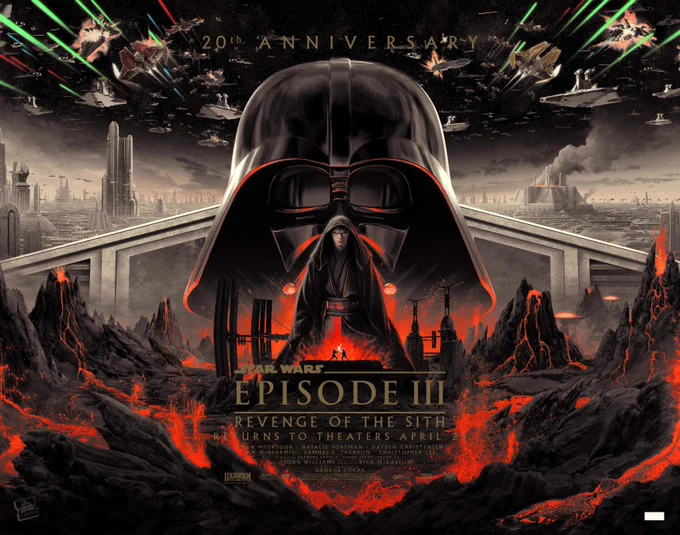 A poster commemorating the 20th anniversary of Star Wars: Revenge of the Sith. The poster features artwork by Matt Ferguson, which centers around a cloaked Anakin Skywalker. Behind Anakin is Darth Vader’s helmet, with the pivotal Battle of Coruscant depicted above. Below Anakin, a silhouette of Anakin Skywalker and Obi-Wan Kenobi engaged in a fierce duel on the volcanic planet, Mustafar.