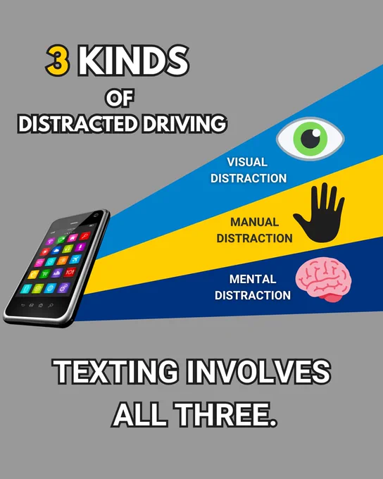 Infographic illustrating the 3 kinds of distracted driving: visual, manual, and mental distractions, represented by an eye, a hand, and a brain, respectively. The image emphasizes that texting involves all three types of distractions.