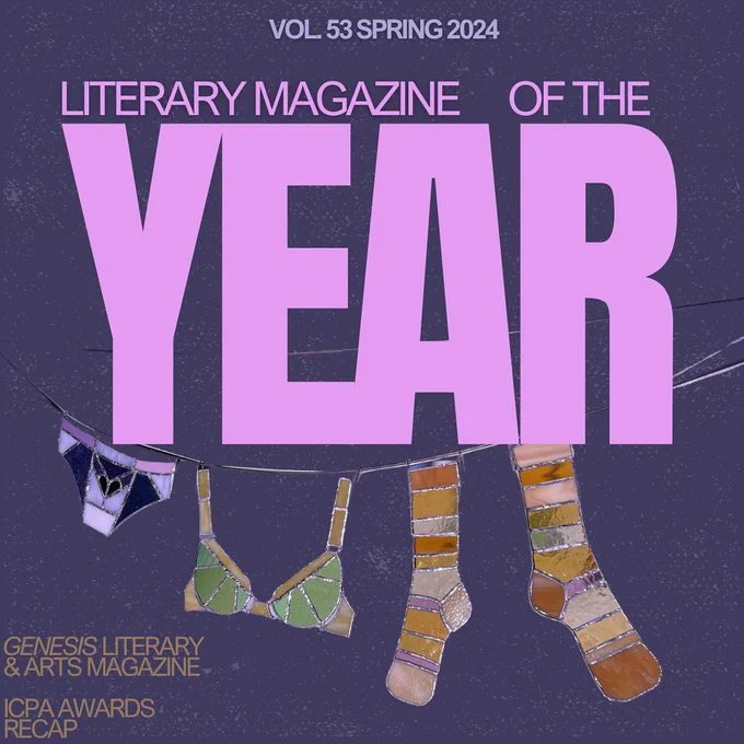 Vol 53 Spring 2024, Literary Magazine of the Year.
Stained glass artwork of laundry on a line, incl. socks, bra, underwear.
