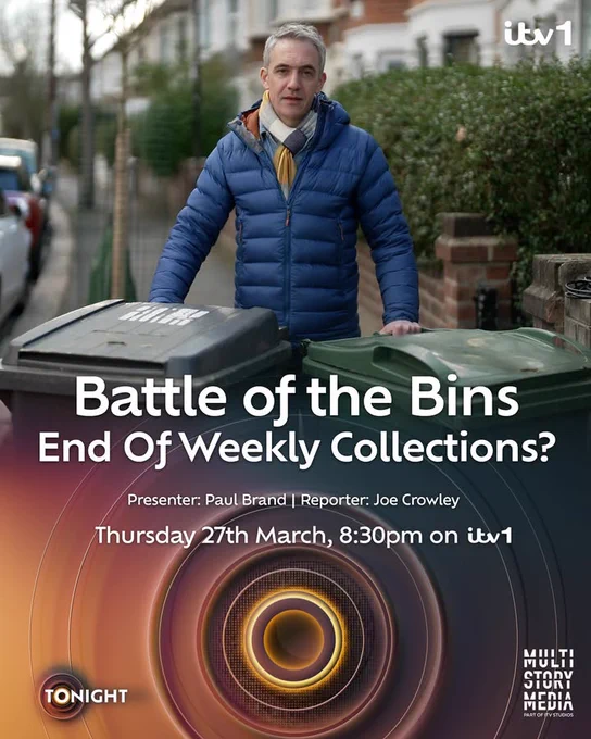 Promotional image for the ITV1 program 'Battle of the Bins - End of Weekly Collections,' featuring presenter Joe Crowley standing beside a bin on a residential street.