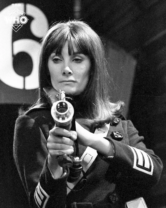 Jean Marsh as Sara Kingdom in 'The Daleks' Master Plan' - she is brandishing a laser gun. 
