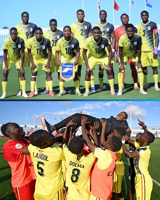 A split screen picture of the Uganda U-17 national team.
Top: The Uganda U-17 national team players lining up for a photo.
Bottom: The Uganda U-17 national team players celebrating their win with their coach.