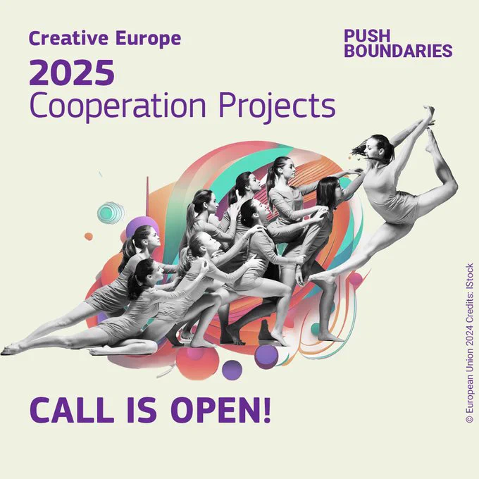 Creative Europe 2025 Cooperation Projects call. Push Boundaries. Central image of dancers. 