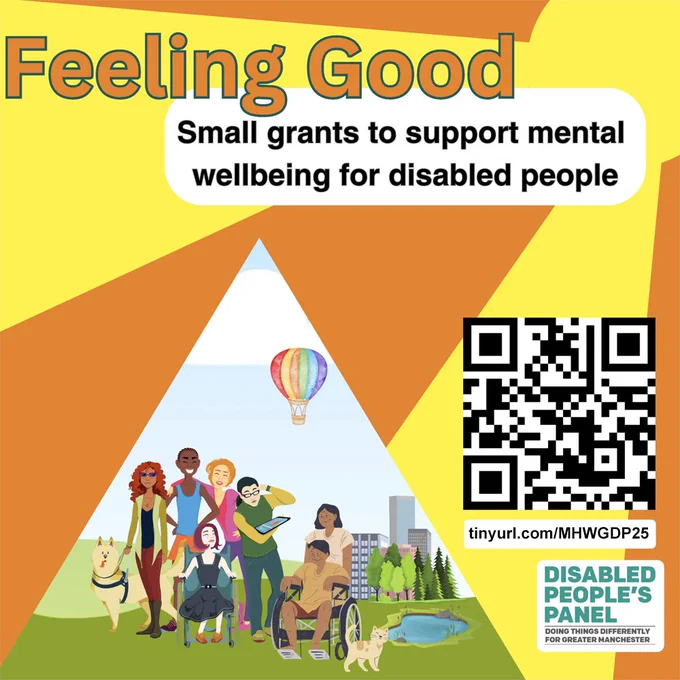 Poster for the grants with sunbeams and drawings of a group of diverse disabled people in a city park with a rainbow hot air ballon in the sky. 
