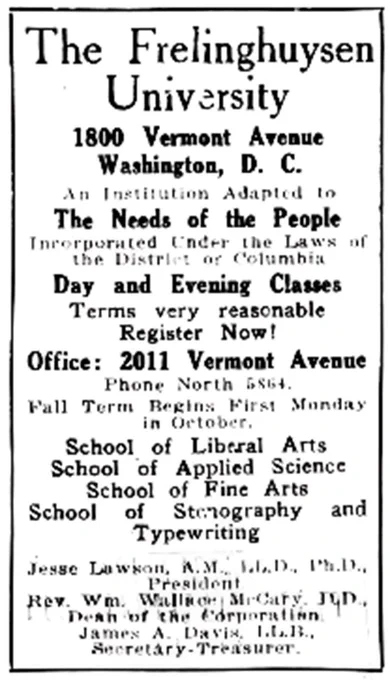 An old registration notice from Frelinghuysen University
