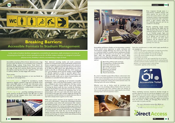 A page spread of an article written by Direct Access for Football & Stadium Magazine concerning the importance of accessibility in stadium management.