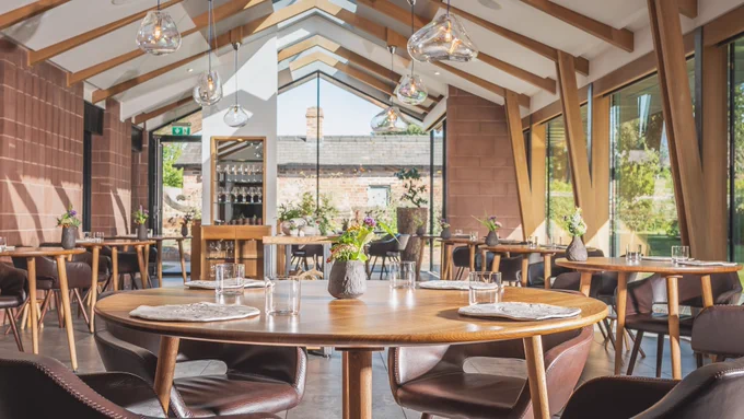 The dining room at 3 Michelin-starred Moor Hall in Aughton, nr Ormskirk, Lancashire 