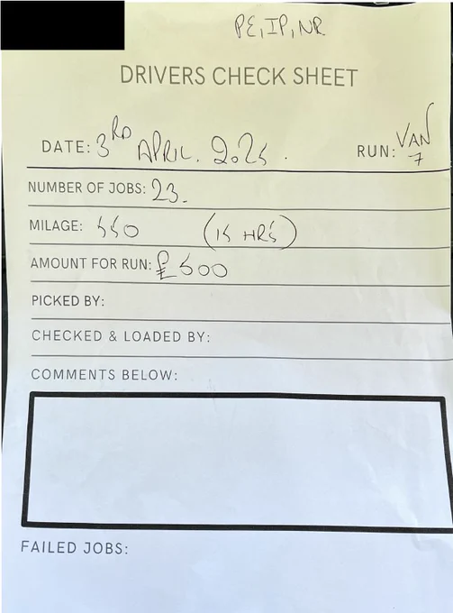 Driver sheet detailing number of jobs, date, mileage, hours for jobs and amount paid for the run.