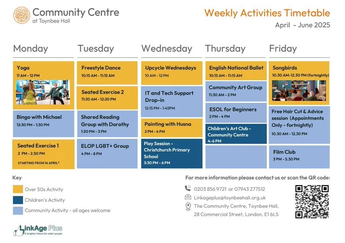 A yellow and blue coloured calendar of weekly activities at Toynbee Hall, from April to June 2025