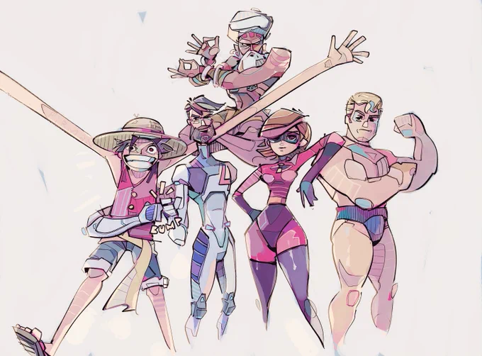 An illustration crossover of five characters who have the ability to stretch their bodies.  From left to right, Monkey D. Luffy from One Piece, Mr. Fantastic from Fantastic Four (whose arm is stretching in order to fistbump himself), Dhalsim from Street Fighter levitating in the background, Elastigirl from Pixar’s The Incredibles franchise, and Stretch Armstrong.