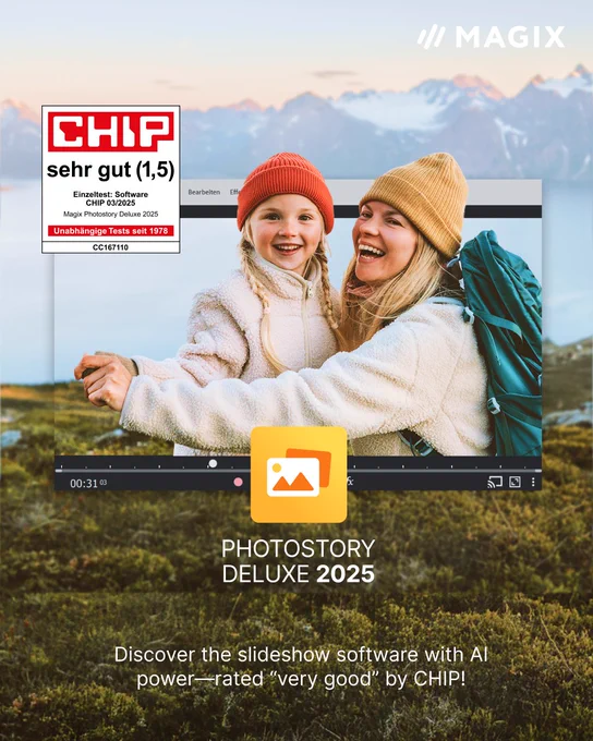 Promotional image for MAGIX Photostory Deluxe 2025 featuring two smiling people in warm clothing, enjoying the outdoors with mountains in the background. The screen of a laptop showing the software interface is superimposed on the image. A logo and the tagline "Discover the slideshow software with AI power—rated 'very good' by CHIP" are also displayed.