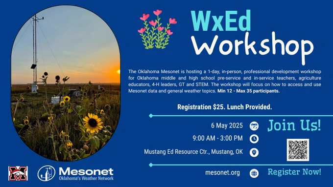 WxEd Workshop announcement on a blue background with a Mesonet tower with sunflowers in the foreground and a setting sun in the background. The text reads - The Oklahoma Mesonet is hosting a 1-day, in-person professional development workshop for Oklahoma middle and high school pre-service and in-service teachers, agriculture educators, 4-H leaders, GT and STEM. The workshop will focus on how to access and use Mesonet data and general weather topics. Min 12 to max 35 participants. Registration $25. Lunch provided. 6 May 2025. 9 am to 3 pm. Mustang Educational Resource Center, Mustang, OK. Register at mesonet.org or use the QR code.