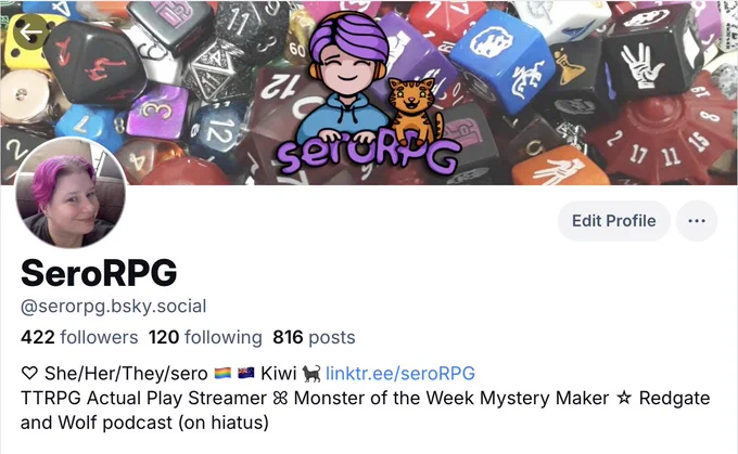 Screenshot of seroRPG's Bluesky profile