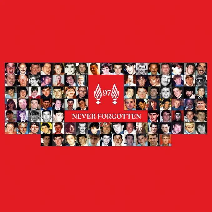 A graphic to mark the 36th anniversary of the Hillsborough disaster. The text reads '97 Never Forgotten'.