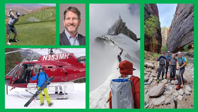 A collage of photos of George Siemens: (1) George about to smack a 300-yard drive on a beautiful golf course; (2) headshot of George smiling to camera; (3) George heliskiing; (4) George mountaineering on a snowy, windy ridge; (5) George hiking in a narrow river canyon with his family. 