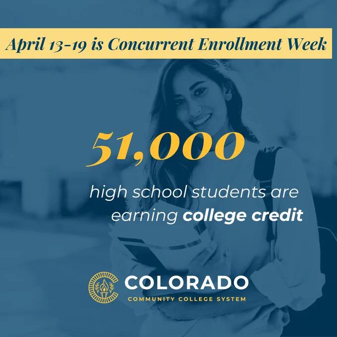A graphic with a blue overlay features a smiling high school student holding books. Text reads: "April 13–19 is Concurrent Enrollment Week. 51,000 high school students are earning college credit." At the bottom is the Colorado Community College System logo.