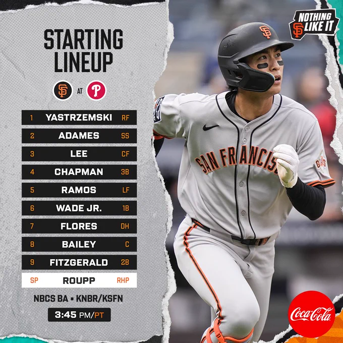 April 14 - SF Lineup at PHI 

Mike Yastrzemski – RF
Willy Adames – SS
Jung Hoo Lee – CF
Matt Chapman – 3B
Heliot Ramos – LF
LaMonte Wade Jr – 1B
Wilmer Flores – DH
Patrick Bailey – C
Tyler Fitzgerald – 2B
 
Landen Roupp - RHP