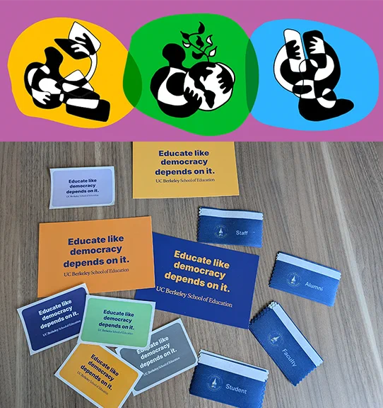 A E R A conference logo with artistic drawing of people reading, and holding a globe with an image below of name badge ribbons for staff, alumni, faculty, and students plus stickers and postcards that read educate like democracy depends on it U C Berkeley School of Education