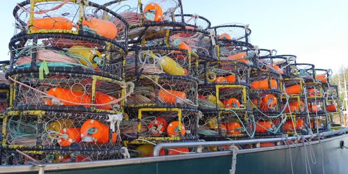 Crab pots on a fishing boat.