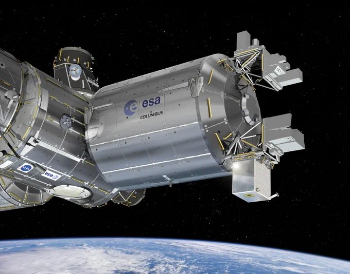 A rendering of ACES, a silver box, on the outside of ESA's Columbus module on the International Space Station
