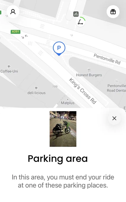 Screenshot of Lime App showing an unmarked official parking area on pavement between several pedestrian crossings at dangerous King’s Cross road junction in Islington.