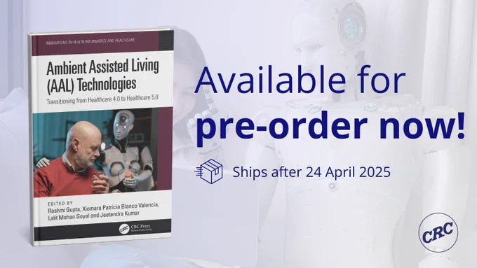 The background shows a robot helping a woman do something on her laptop. In the foreground, to the left is the hardback version of the book. To the right is some bold navy text which reads, "Available for pre-order now!". Smaller text below this reads, "Ships after 24 April 2025". 