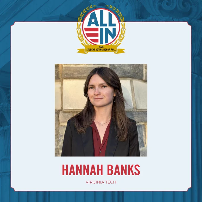 Image includes a headshot of Hannah Banks in front of Hokie Stone.