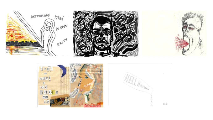 five photocopied art pieces exploring harm reduction and substance use