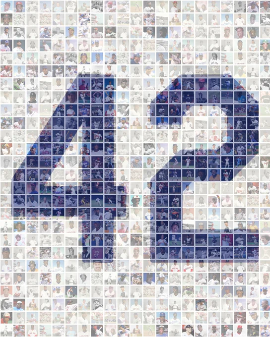 A collage that forms the number 42 in Dodger blue over a light background. It is made from photos of more than 200 Black MLB players who have been named an All-Star or won a major award.