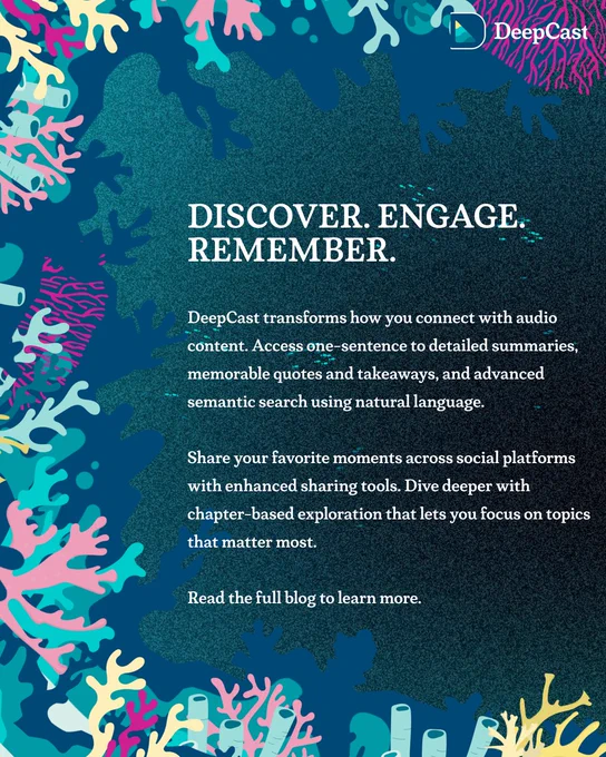 A promotional image for DeepCast featuring an illustrated diver with flippers swimming in deep blue water, surrounded by colorful coral elements. The text reads "Discovering DeepCast" with the subtitle "A Revolution in Podcast Management." The DeepCast logo appears in the top right corner, and the overall design uses a teal gradient background with decorative coral in pink, yellow, and light blue.