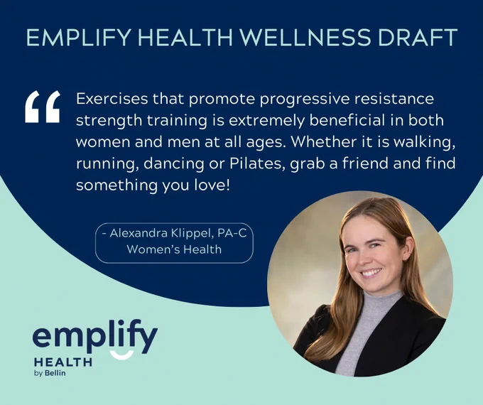 A promotional graphic for Emplify Health featuring a quote from Alexandra Klippel, PA-C, highlighting the benefits of progressive resistance strength training for all ages. The background is dark blue with white text and includes the Emplify Health logo.